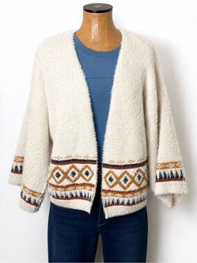 Sweet & Sinful Eyelash Knit Open Cardigan Sweater Medium Boho Aztec Trim